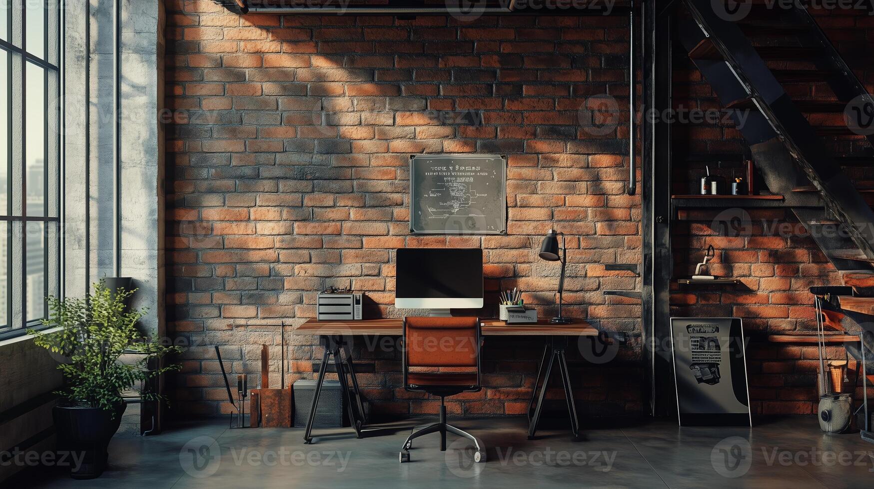 Cozy industrial workspace with wooden desk, modern computer, and natural light streaming through large windows photo
