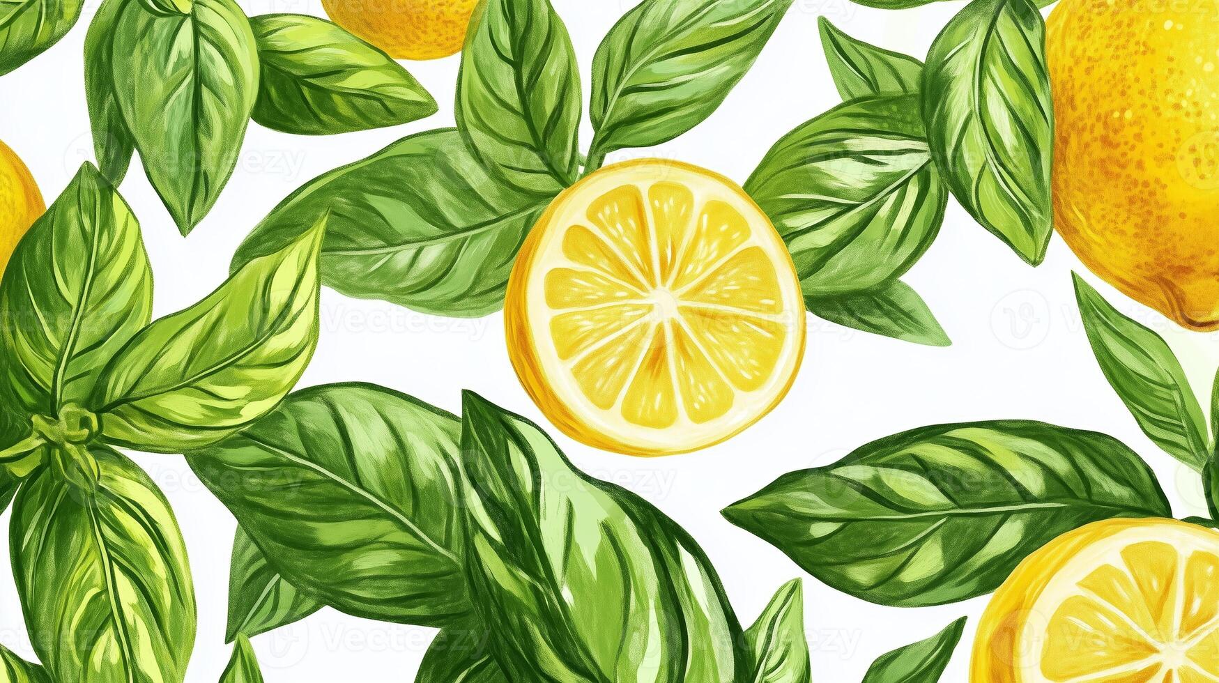 Lemon slices and basil leaves arranged together on a white background, showcasing a vibrant and fresh culinary theme photo
