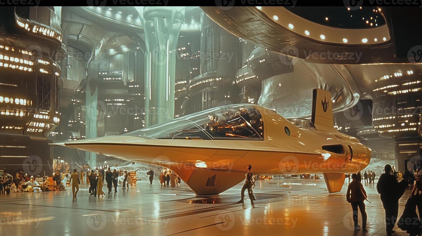 Futuristic spacecraft displayed in a vibrant, high-tech exhibition hall filled with visitors and bright lighting photo