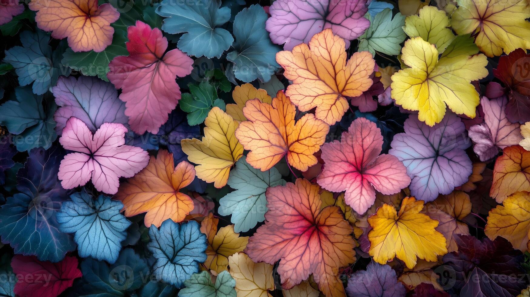 Colorful foliage of heuchera plants showcasing vibrant hues in a garden during early autumn photo