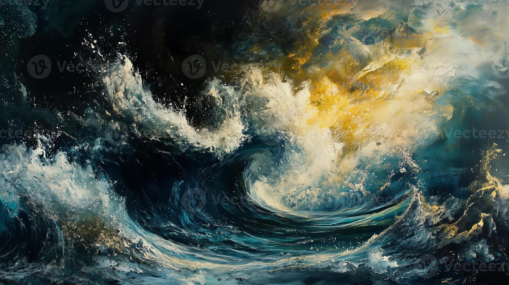 Majestic ocean waves crashing under a dramatic sky at sunset with vibrant colors and swirling clouds creating a breathtaking seascape photo