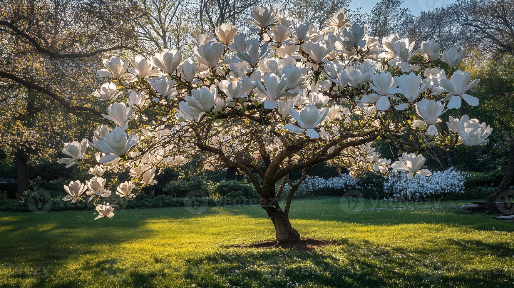 Magnolia tree in full bloom showcasing delicate white flowers in a serene garden during springtime afternoon sunlight photo