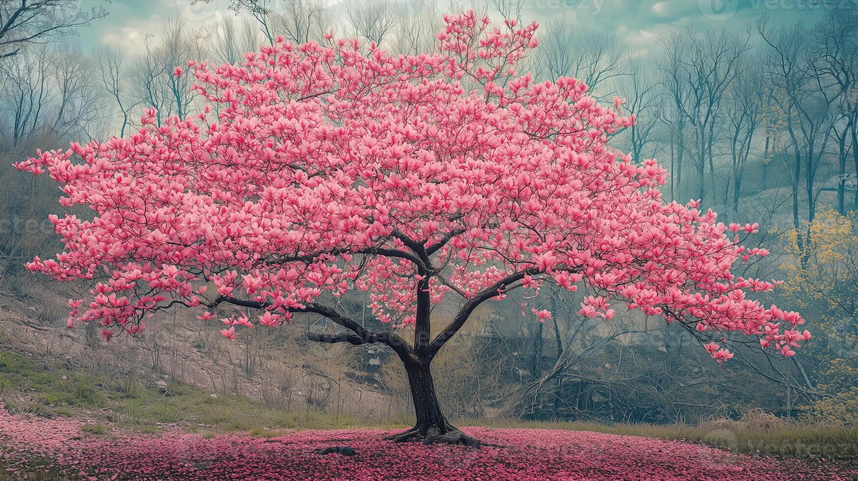 A magnificent pink flowering tree stands alone in a serene landscape during early spring under a cloudy sky photo