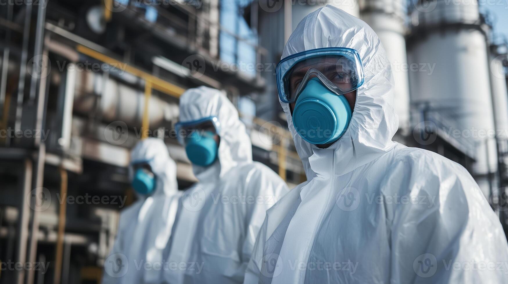 Workers in protective gear at an industrial site conducting safety protocols during daytime photo