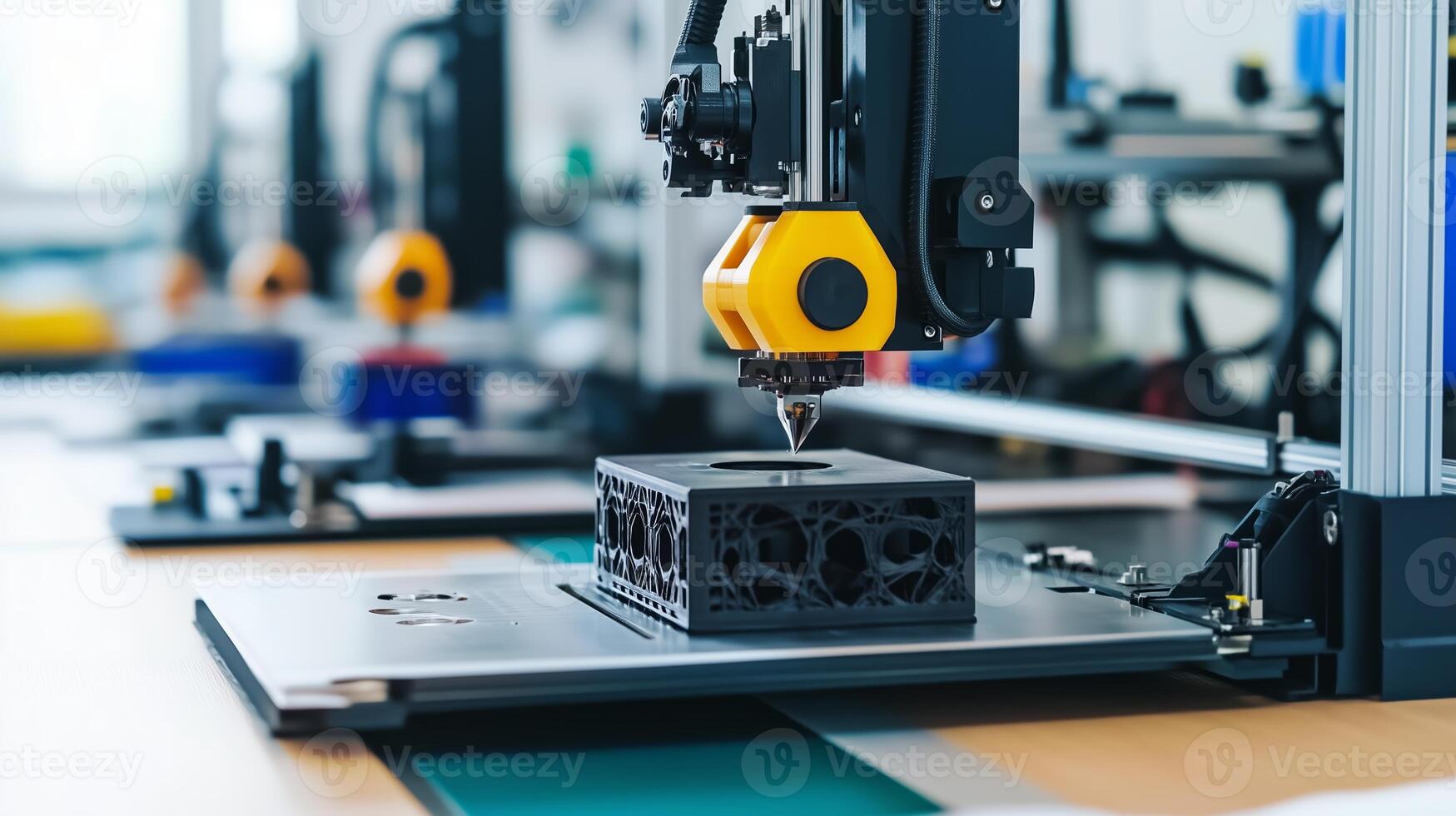 A close-up view of a 3D printer in action creating a detailed black object in a workshop setting during daylight hours photo