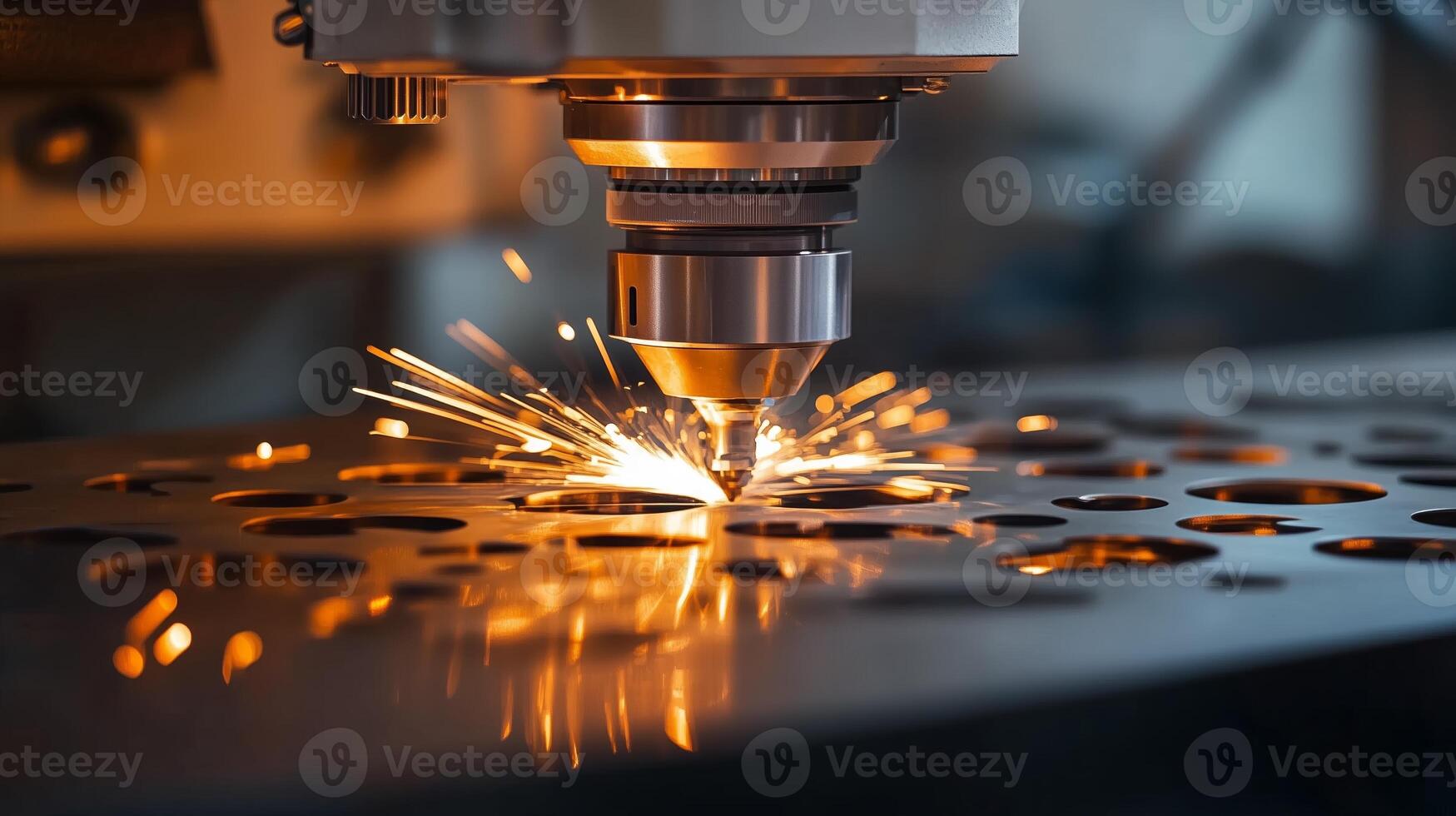 Precision laser cutting in a workshop, showcasing sparks and detailed metalwork during daylight hours photo