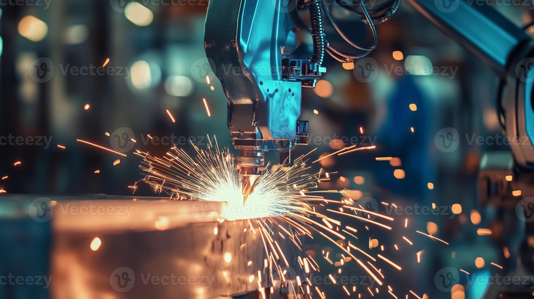 Automated welding robot creating sparks while working on metal components in a manufacturing facility photo
