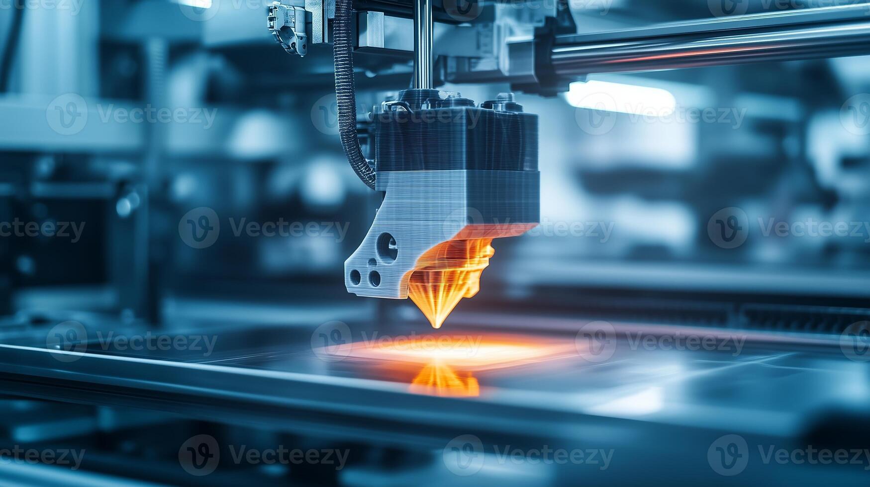 Advanced 3D printer actively creating a detailed object in a modern workshop during daylight hours photo