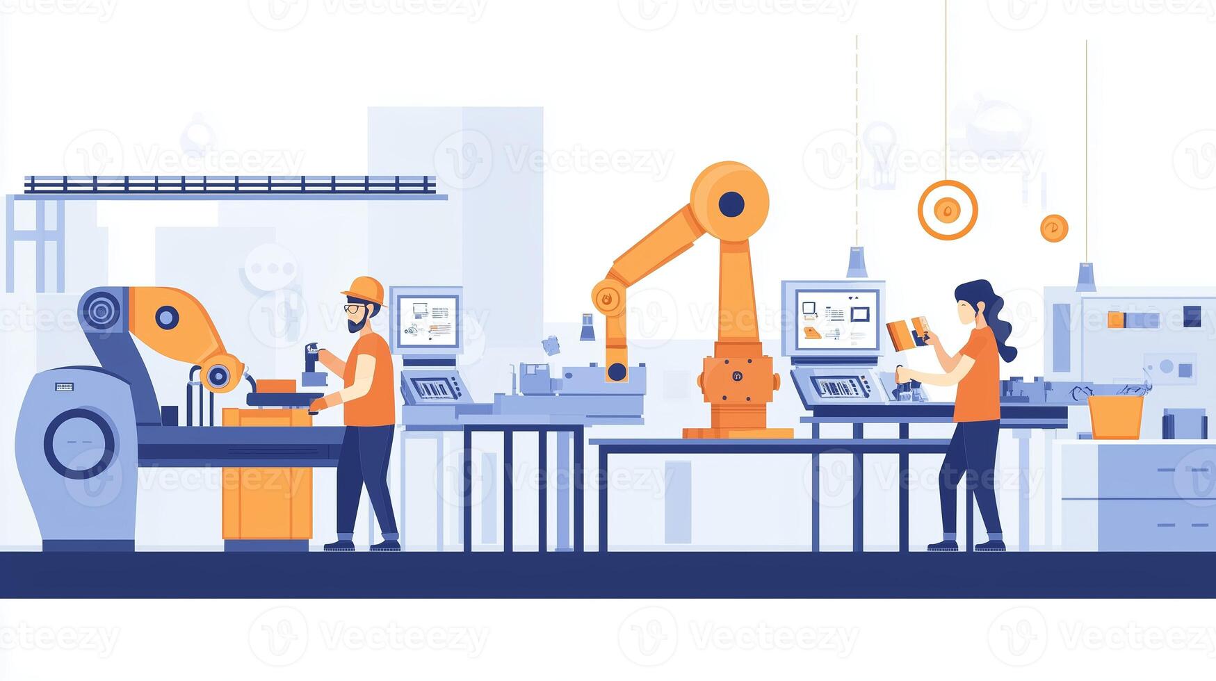 Workers engaged in automation tasks at a modern industrial facility with robotic equipment and workstation setup photo