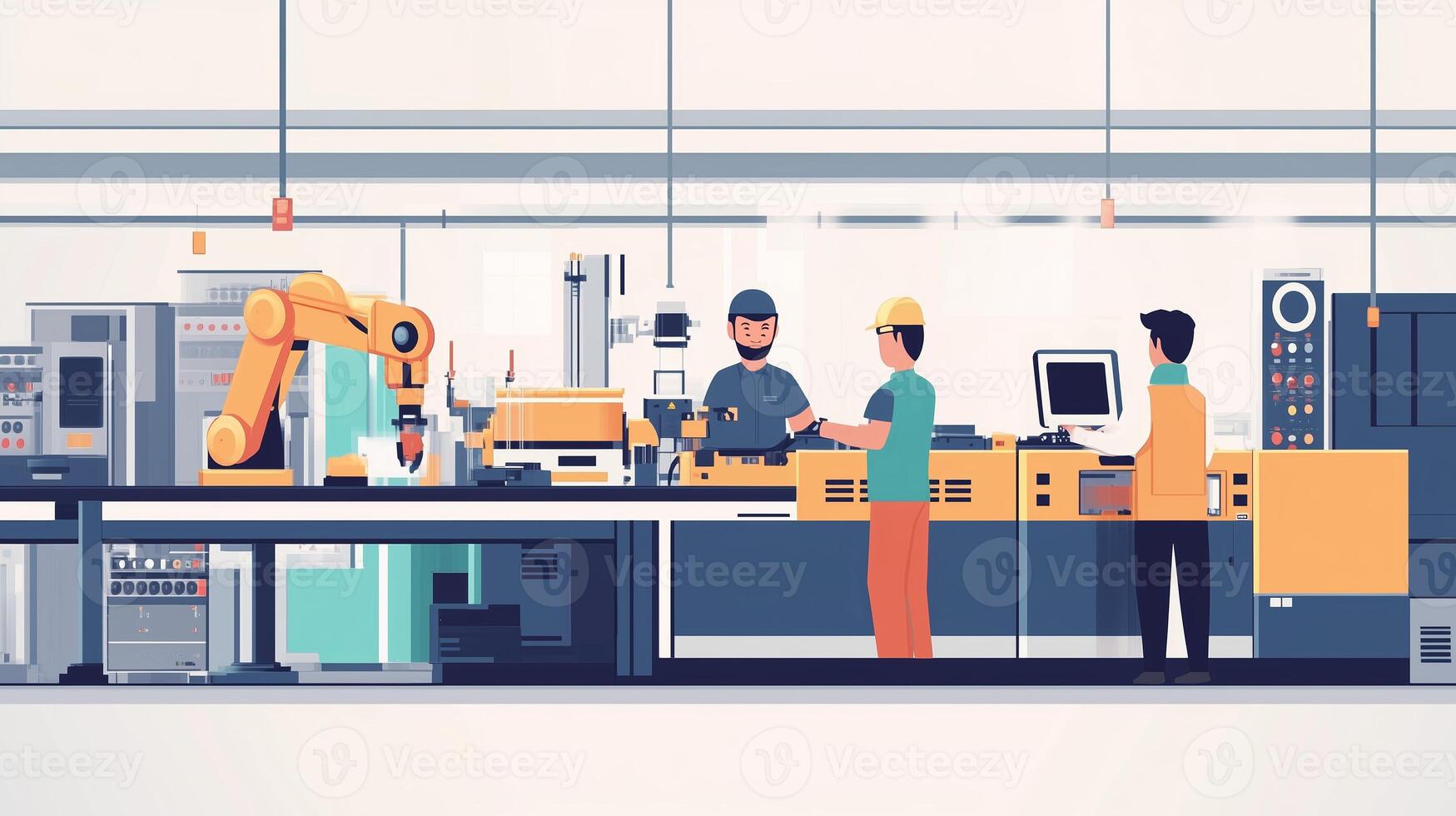 Workers collaborating in a modern factory setting with robotics and advanced machinery during a busy manufacturing process photo