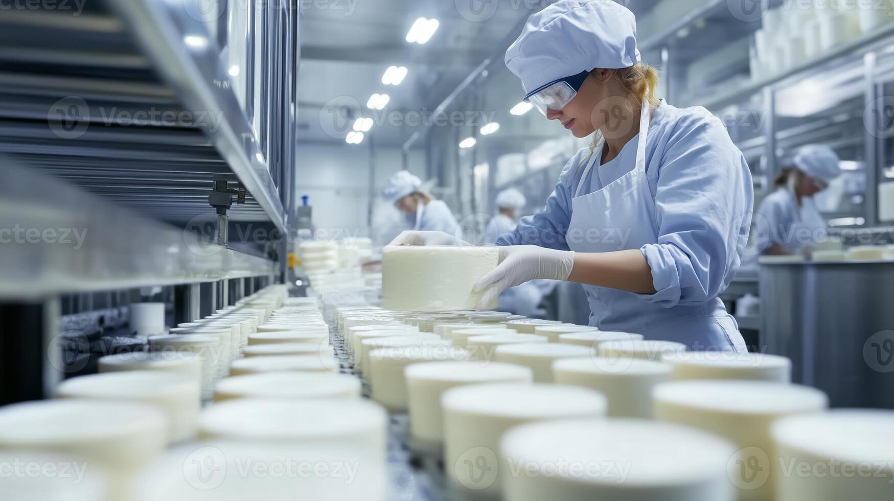 Workers in a cheese factory meticulously prepare cheese wheels on a production line during a bright afternoon photo