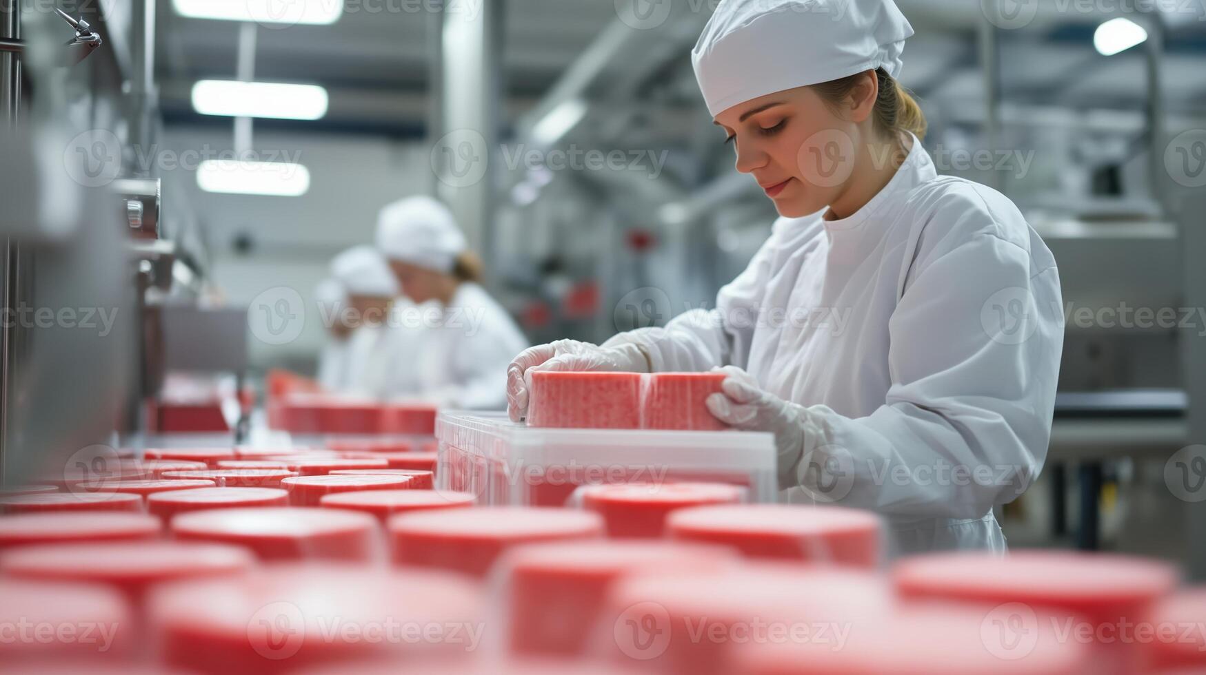 Workers packaging food products in a modern facility during a busy production shift photo