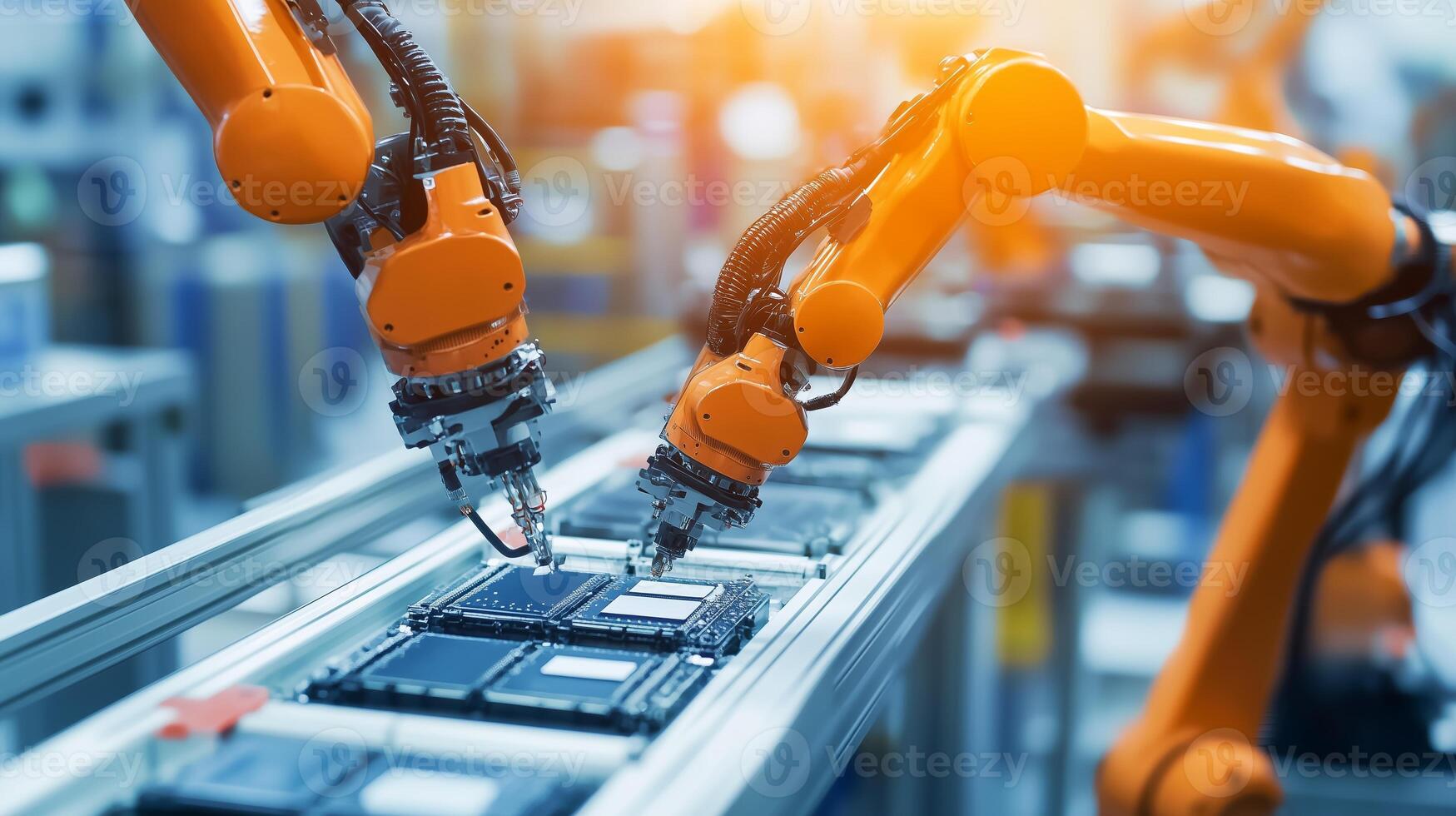 Robotic arms assembling computer chips on a conveyor belt in a modern manufacturing facility during the day photo