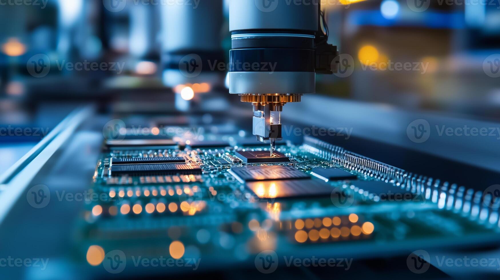 Automated machinery works on circuit boards in a high-tech manufacturing facility during the day photo