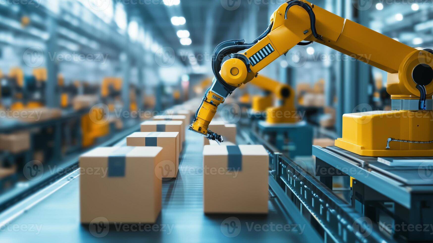 Robotic arm sorting packages in a modern warehouse during busy working hours photo