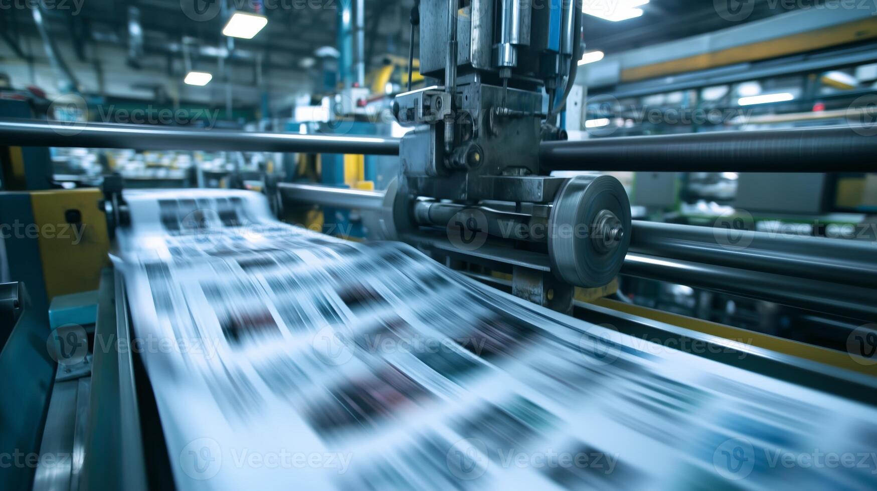 Printing press in action at a commercial printing facility during the day showing a rapid flow of printed materials on the conveyor belt photo