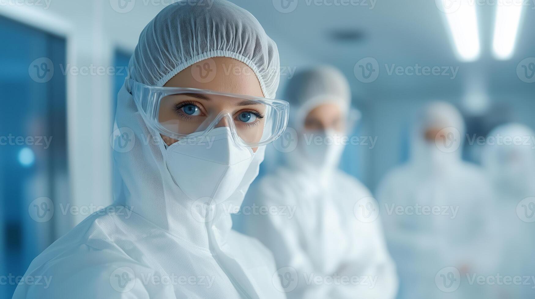 Medical professionals in protective gear preparing for a procedure in a sterile laboratory setting during daytime photo