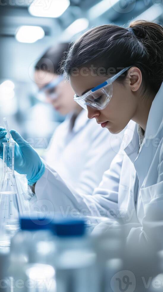 Women scientists conducting experiments in a laboratory with glassware during the day photo