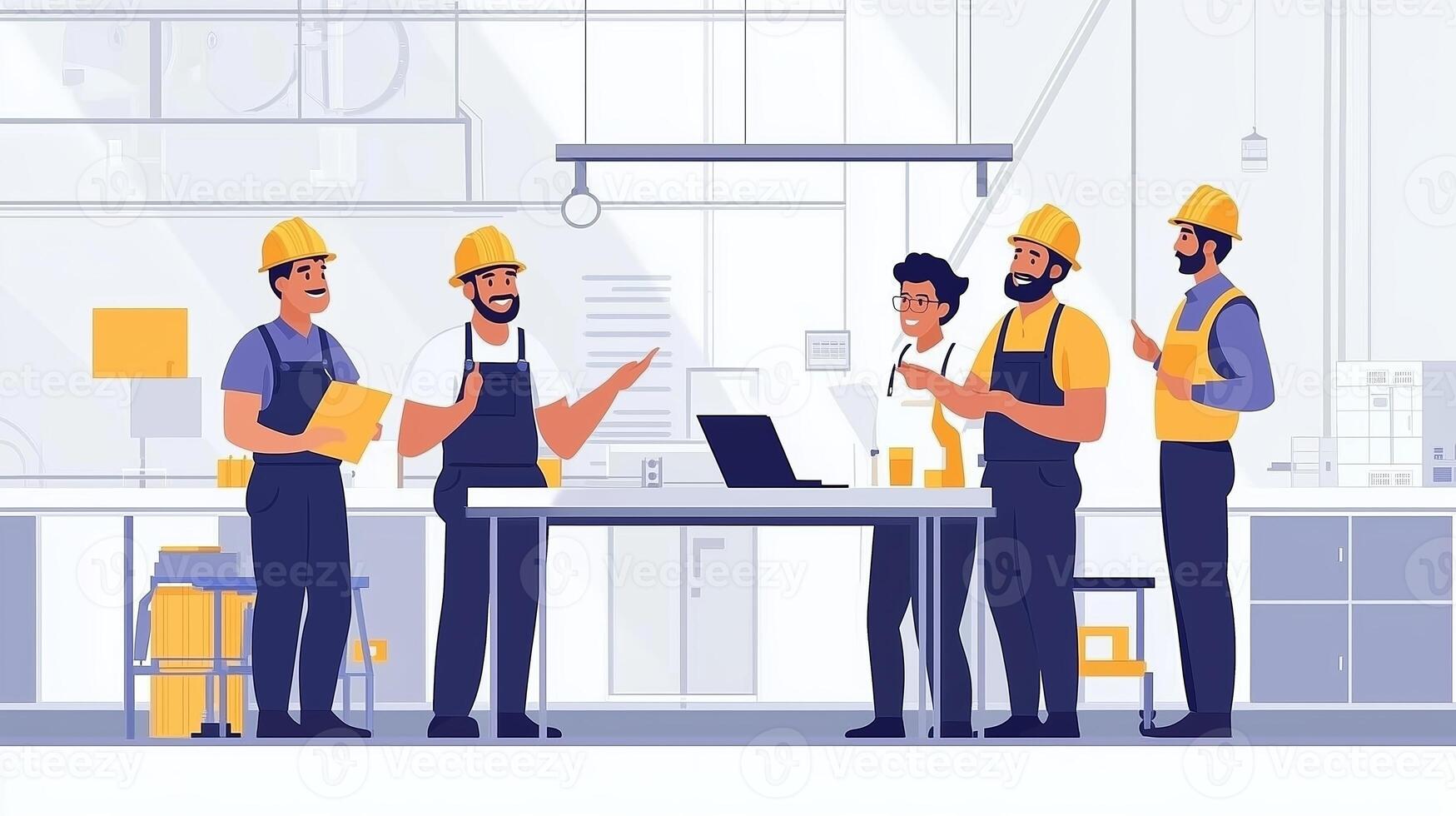 Team of six construction workers collaborating in an office space, discussing project plans with safety helmets on photo