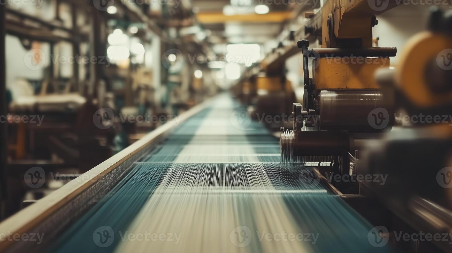 Textile manufacturing process in a busy factory with machines weaving colorful threads during daylight hours photo