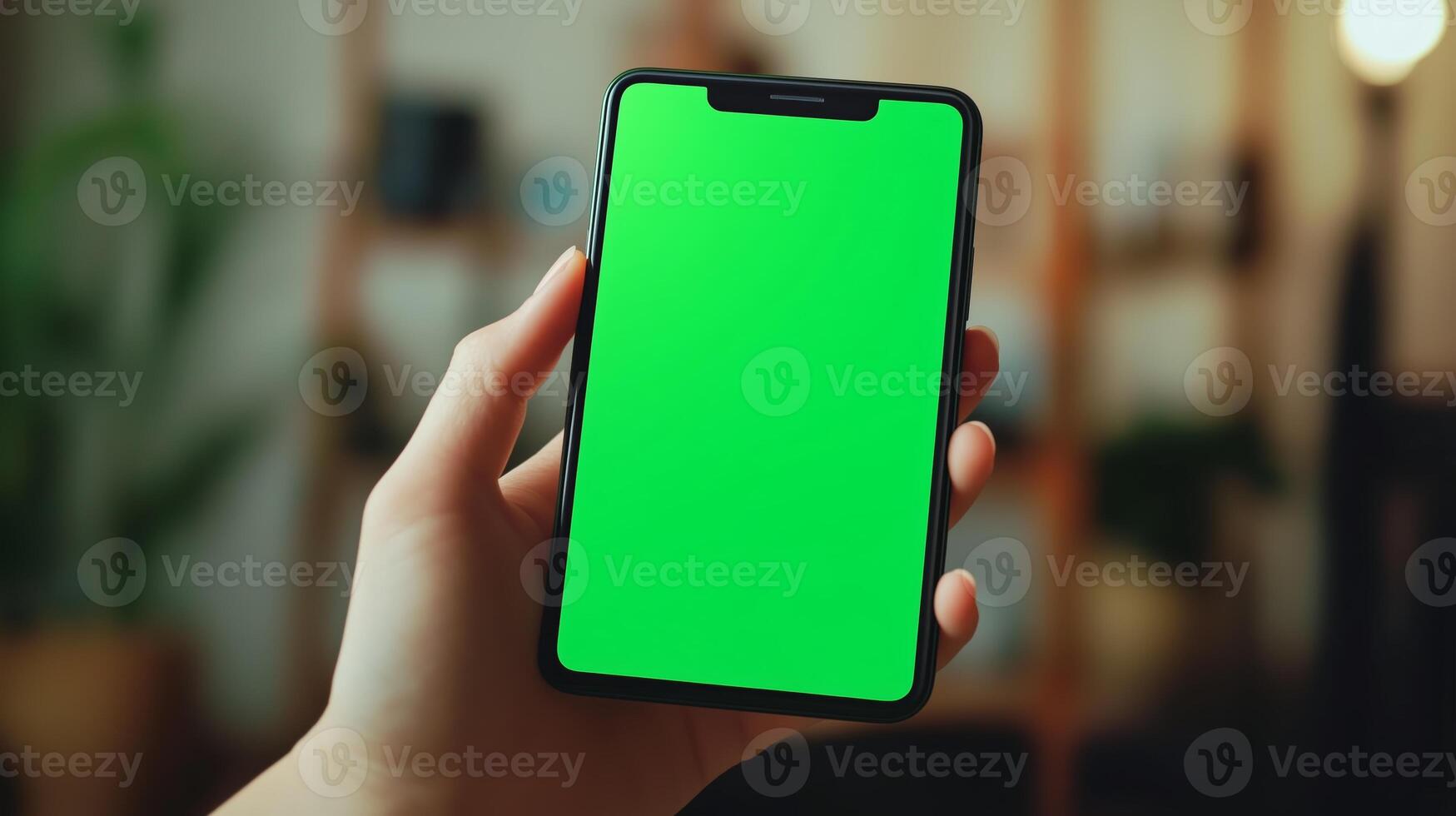 A person holding a smartphone with a green screen in a cozy indoor setting during the evening hours photo