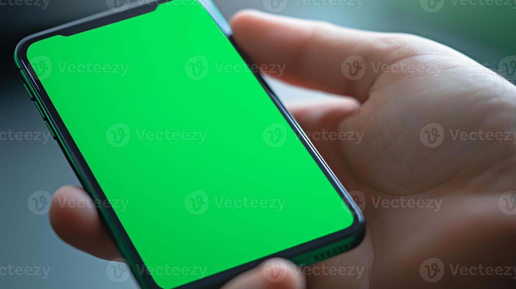 A person holding a smartphone with a blank green screen in a modern indoor setting during the day photo