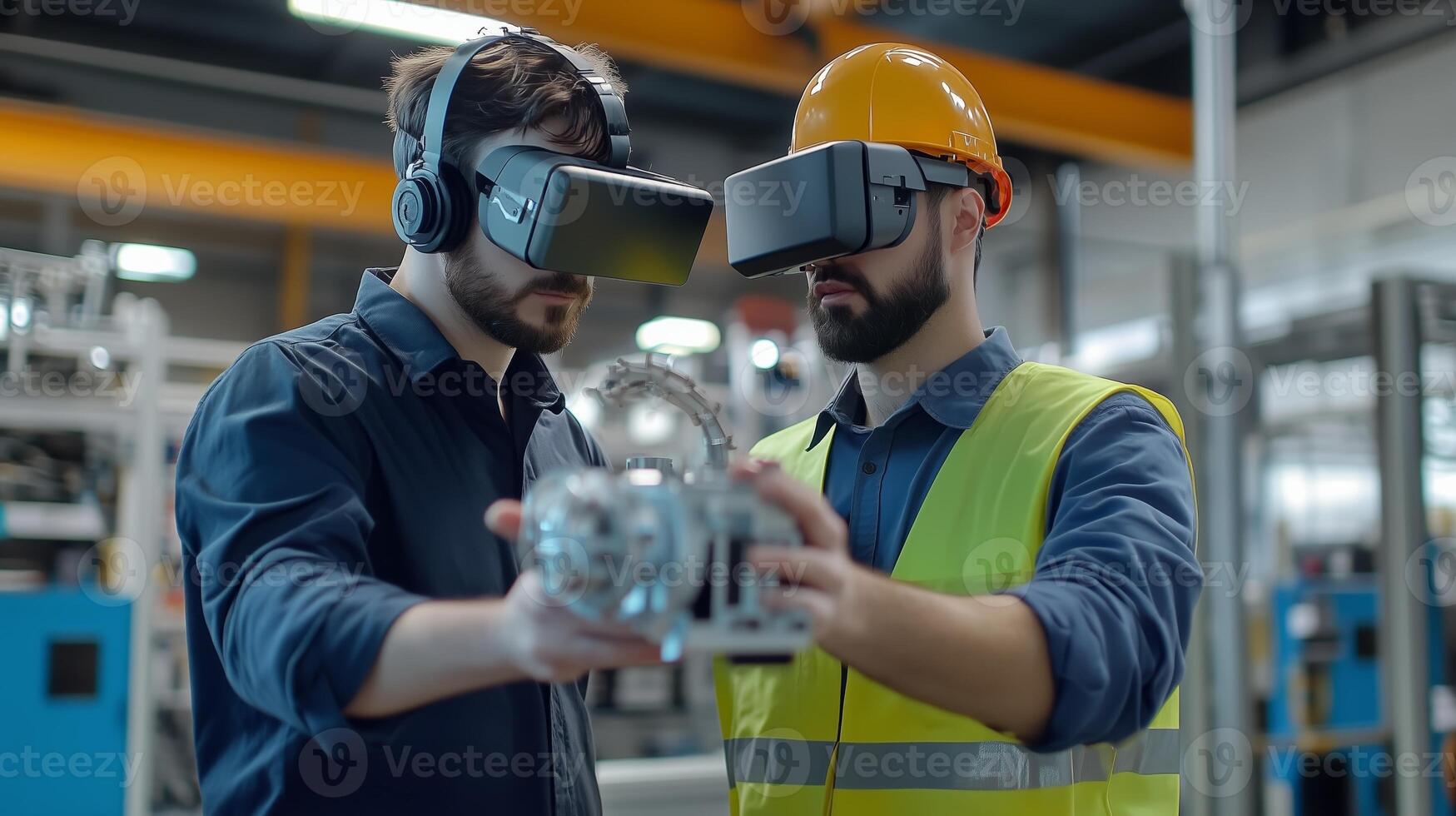 Two men using virtual reality headsets to collaborate on robotics project in a high-tech manufacturing facility photo