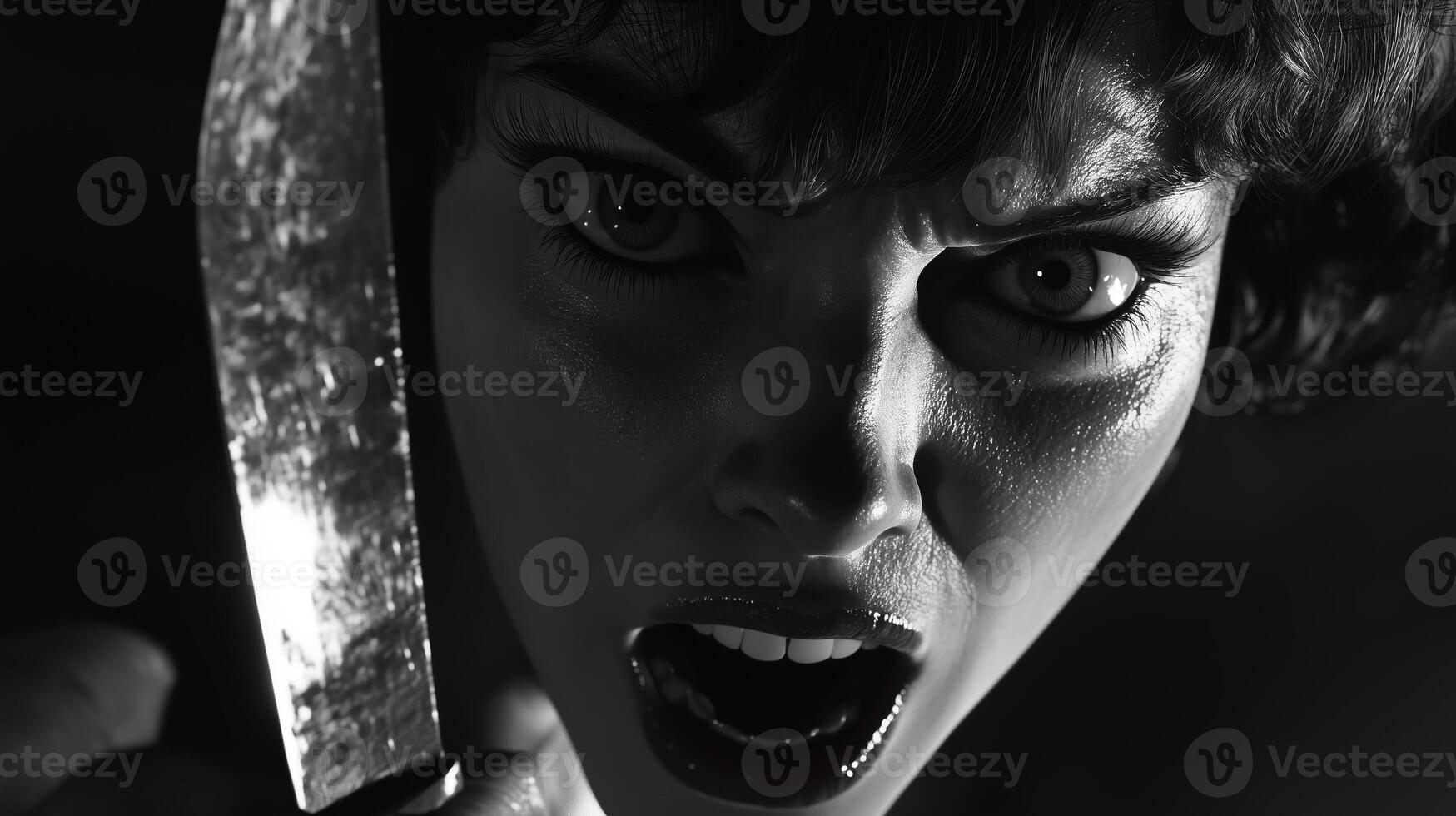 A woman with intense expression holds a gleaming knife in a dark setting, evoking suspense and emotion in black and white photo