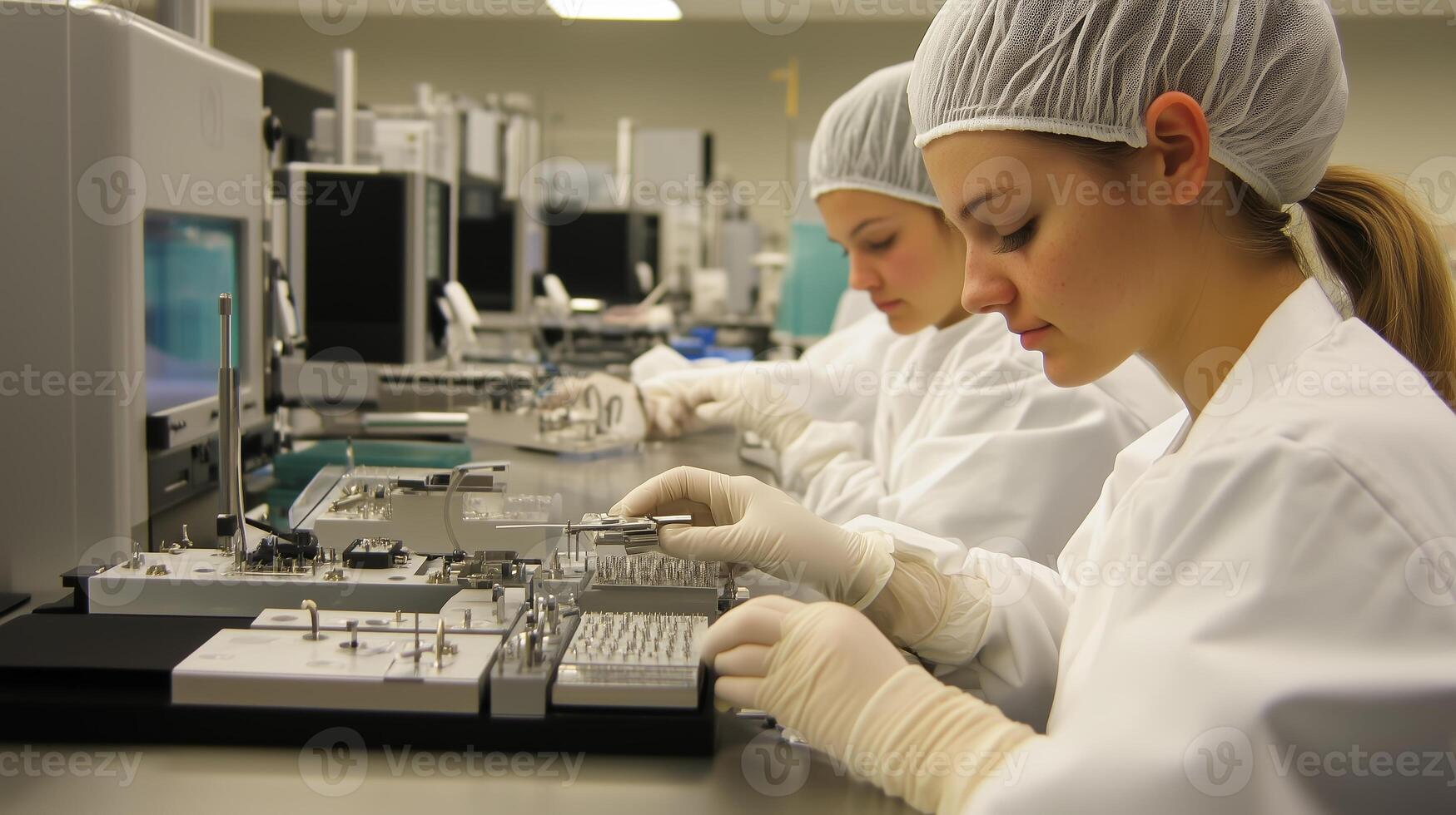 Laboratory technicians working diligently on electronic components in a modern research facility during a busy afternoon shift photo