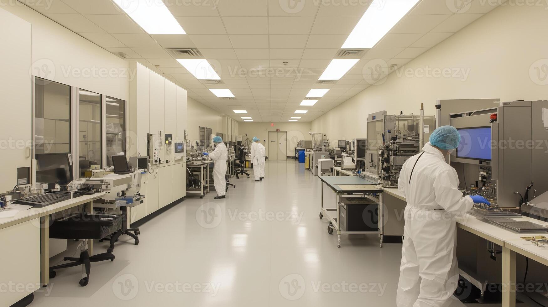Scientists working in a cleanroom laboratory conducting research and experiments with advanced equipment during daytime hours photo