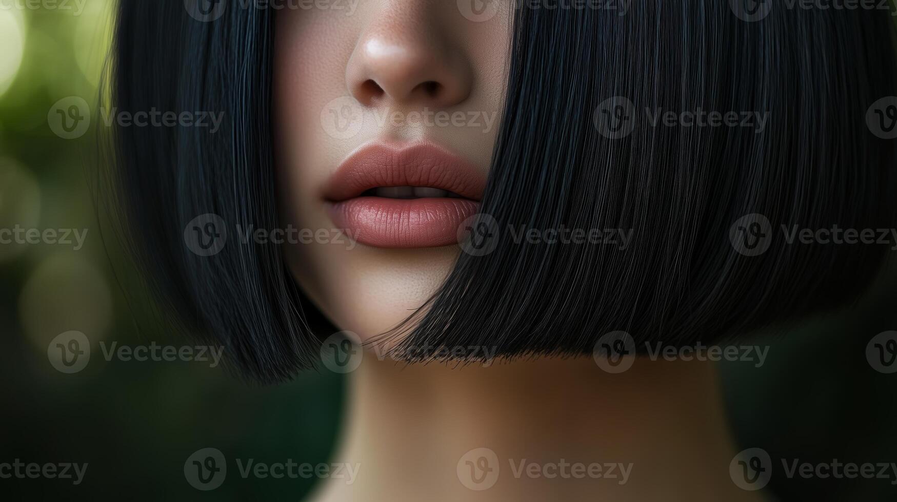 Close-up of a young woman with a sleek bob hairstyle in natural light during the golden hour, showcasing soft features and serene expression photo