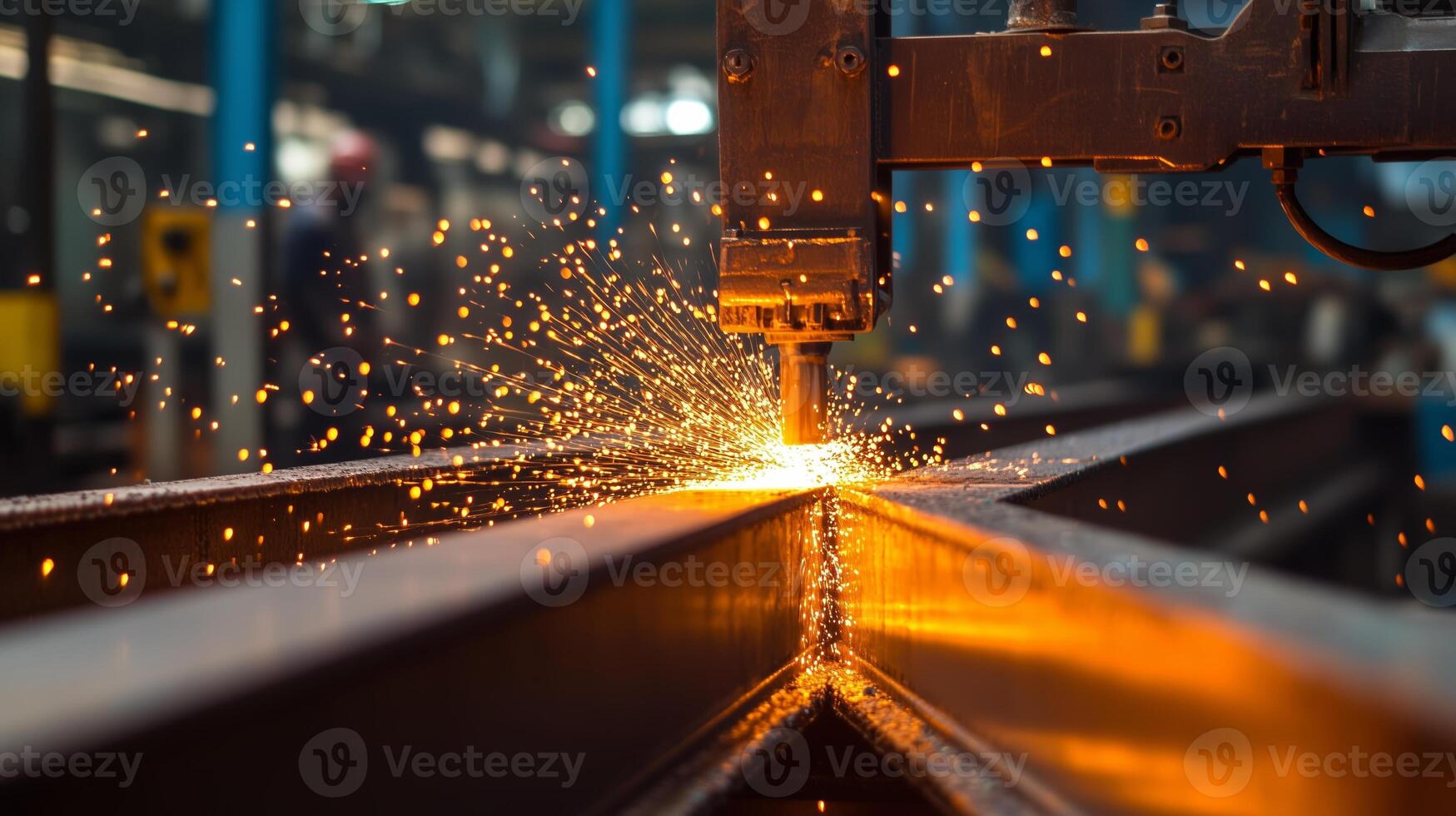 Cutting steel in a manufacturing facility with sparks flying during the evening shift in an industrial setting photo