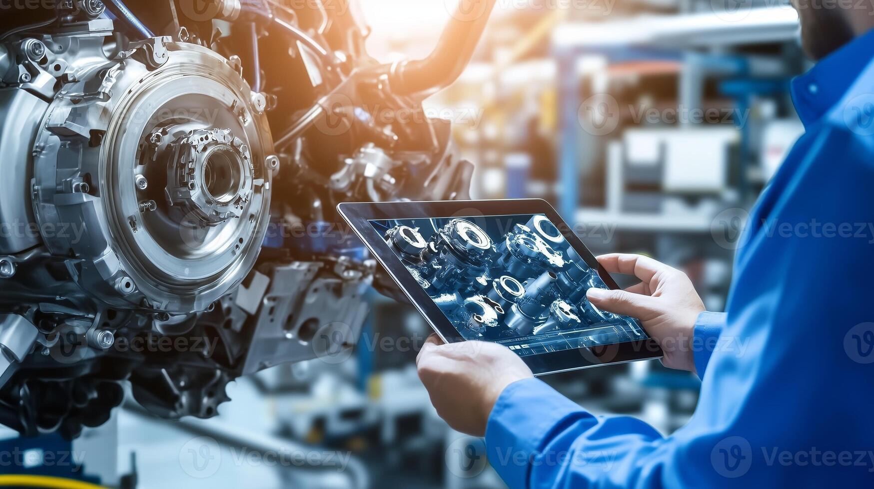 Technician examining engine components using a tablet in a modern workshop during daytime photo