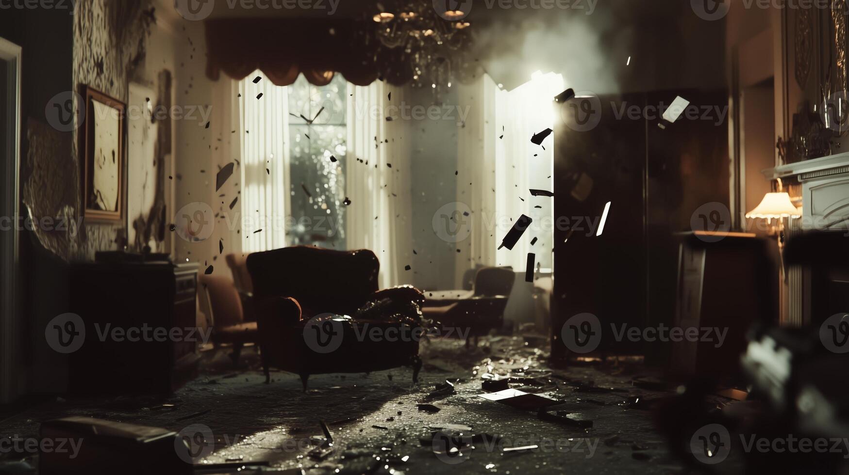 Debris scattered in an abandoned room with a shattered refrigerator and overturned furniture revealing chaos and disarray photo