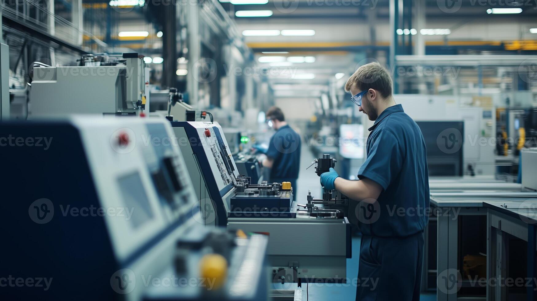 Skilled worker operating machinery in a modern manufacturing facility during an industrial production shift photo