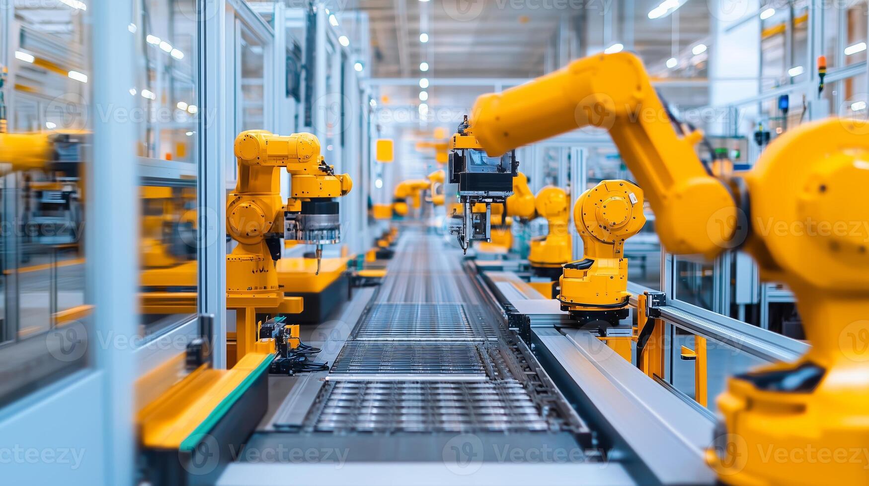 Automated assembly line with robotic arms performing tasks in a modern factory during the daytime photo