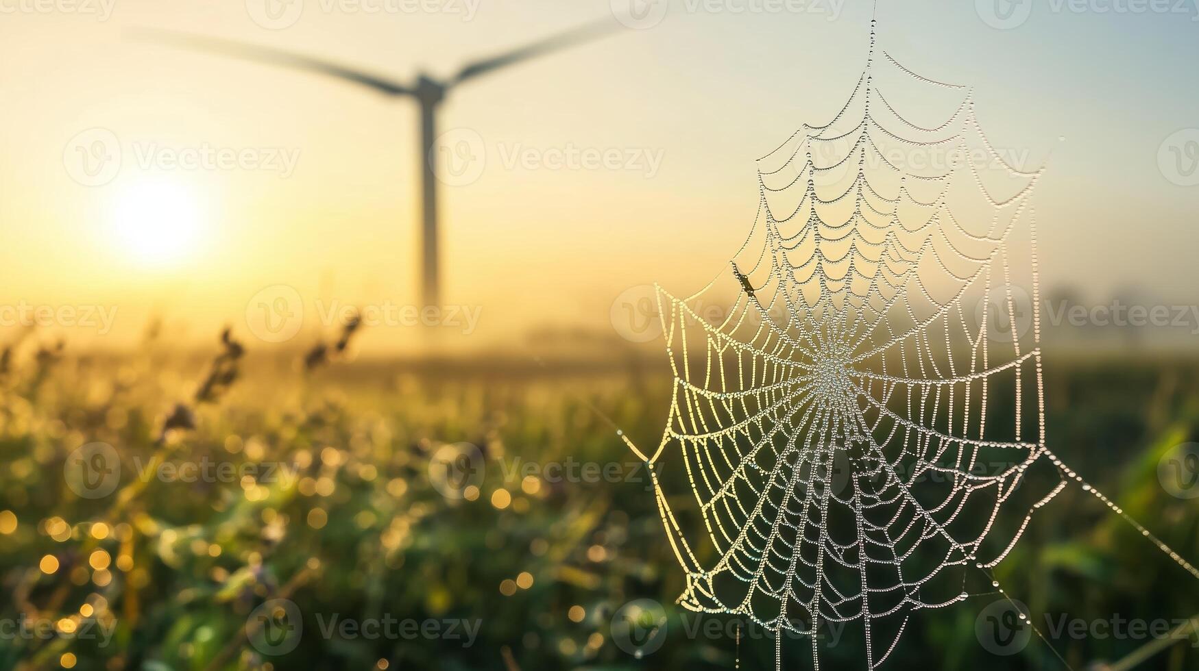 A dew-covered spider web glistens in the morning light with a wind turbine in the background during sunrise in a serene countryside setting photo