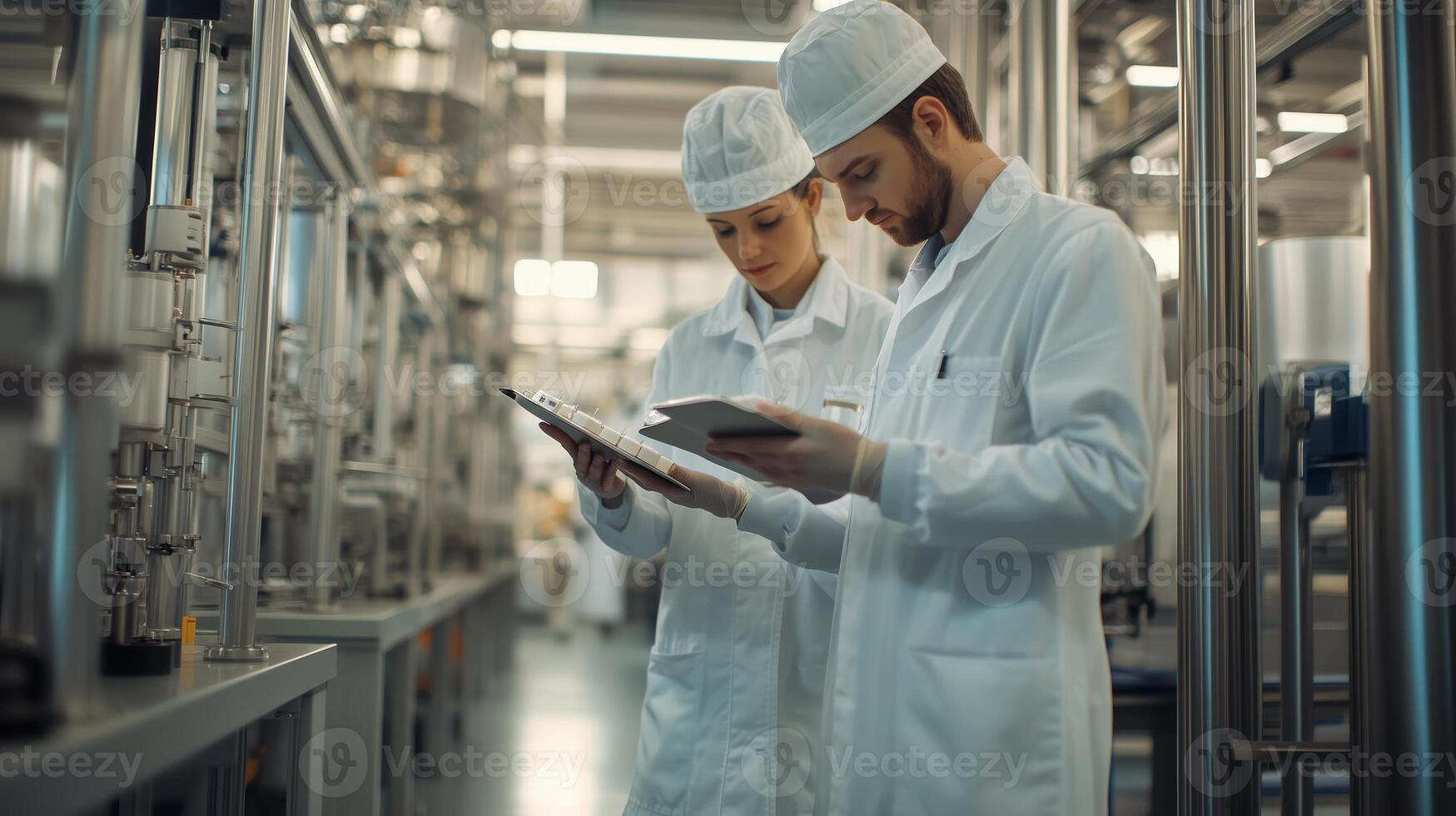 Professionals in lab coats conducting quality checks in a pharmaceutical manufacturing facility during daylight hours photo
