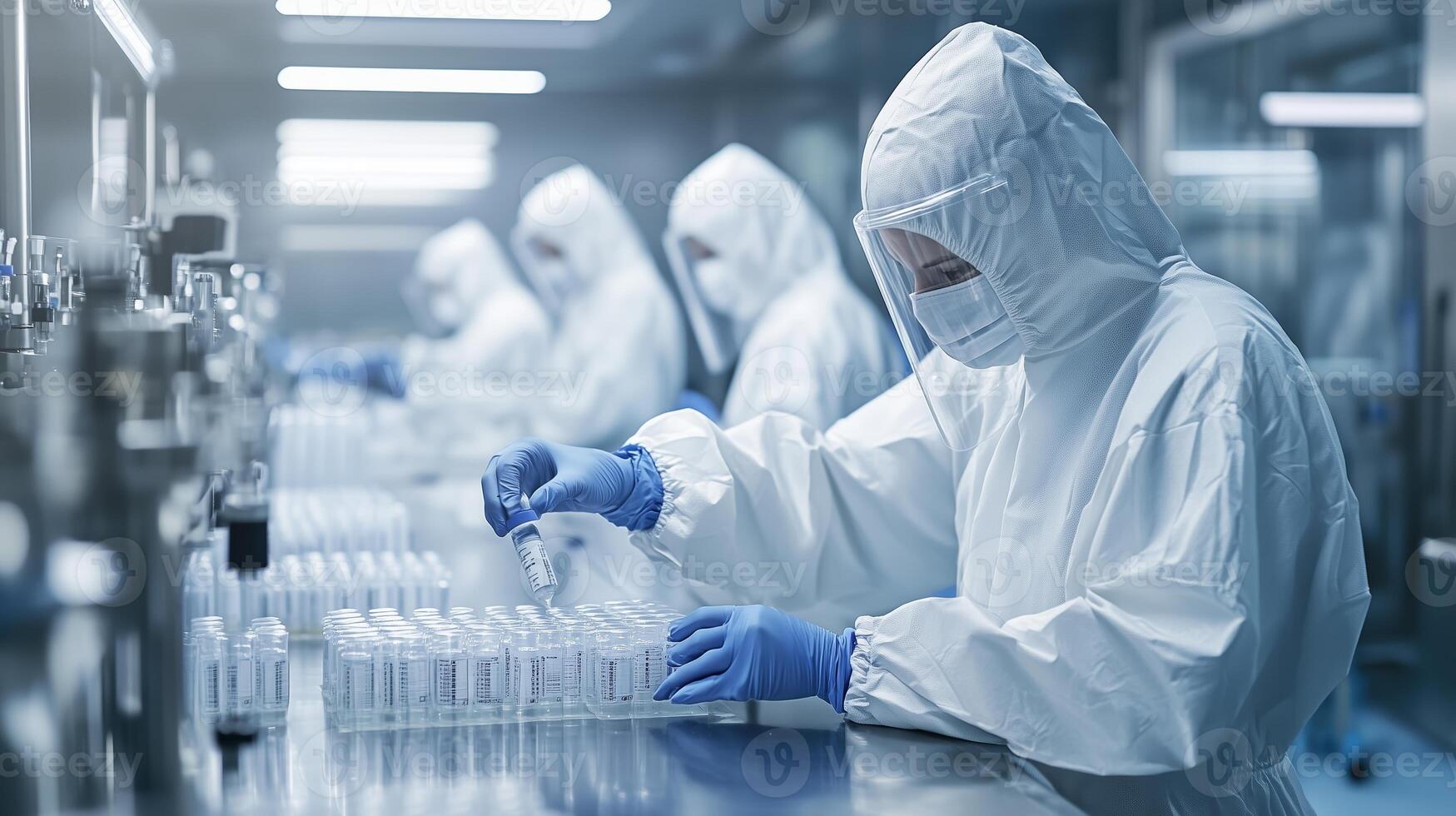Scientists conduct research in a sterile laboratory environment, collaborating on experiments involving samples and vials photo