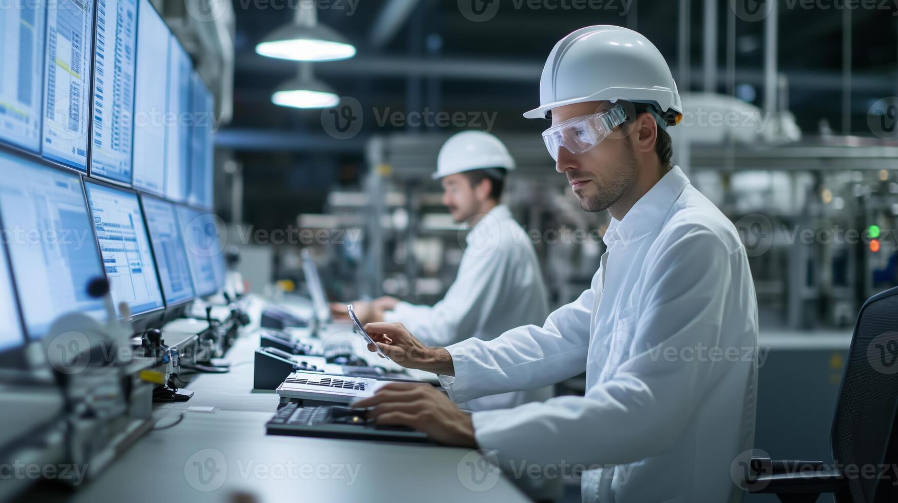 Technicians working in a modern control room monitoring industrial processes during daytime operations photo