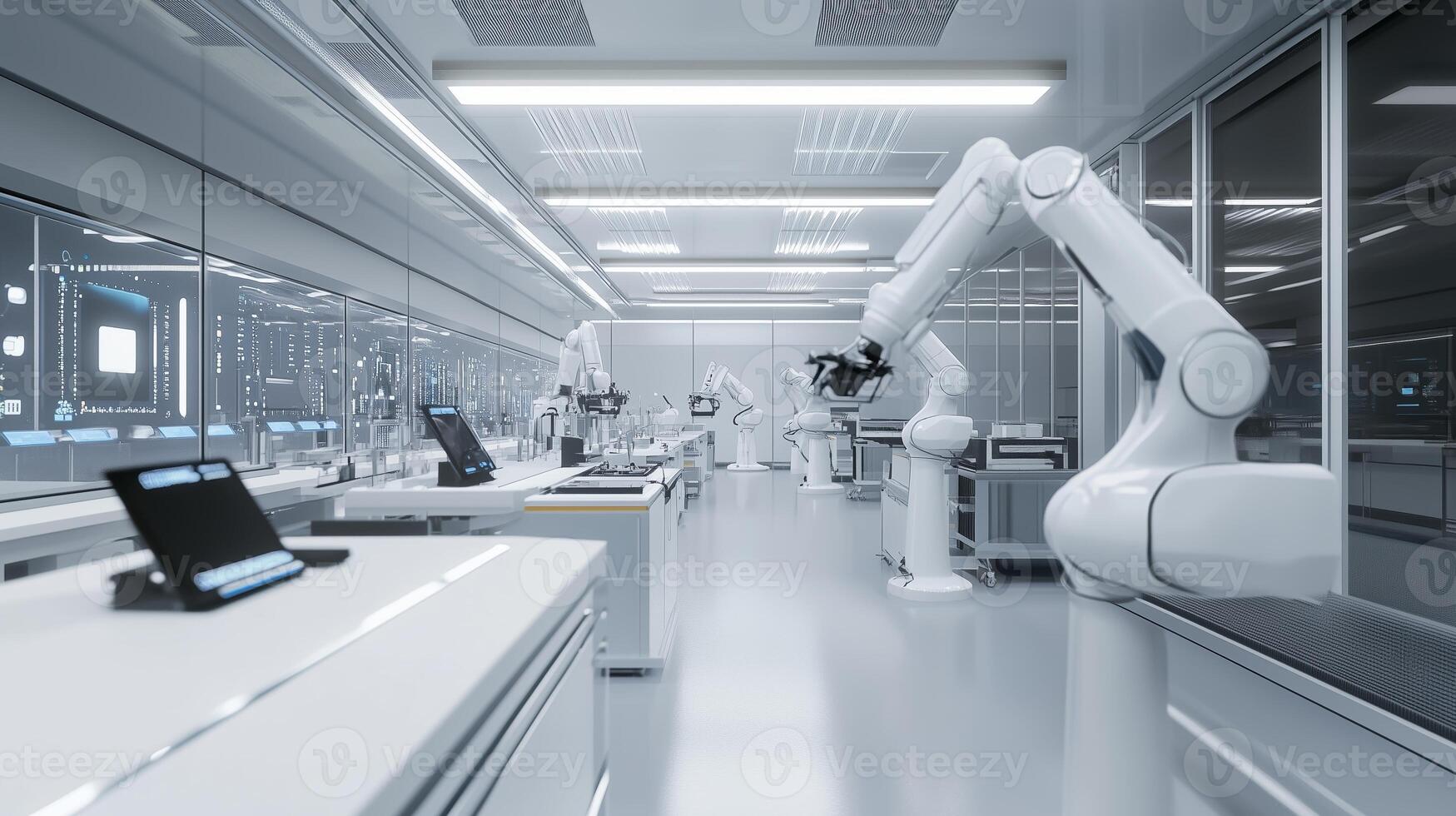 Modern laboratory showcasing advanced robotic arms engaged in precise tasks during a research session in a high-tech facility photo
