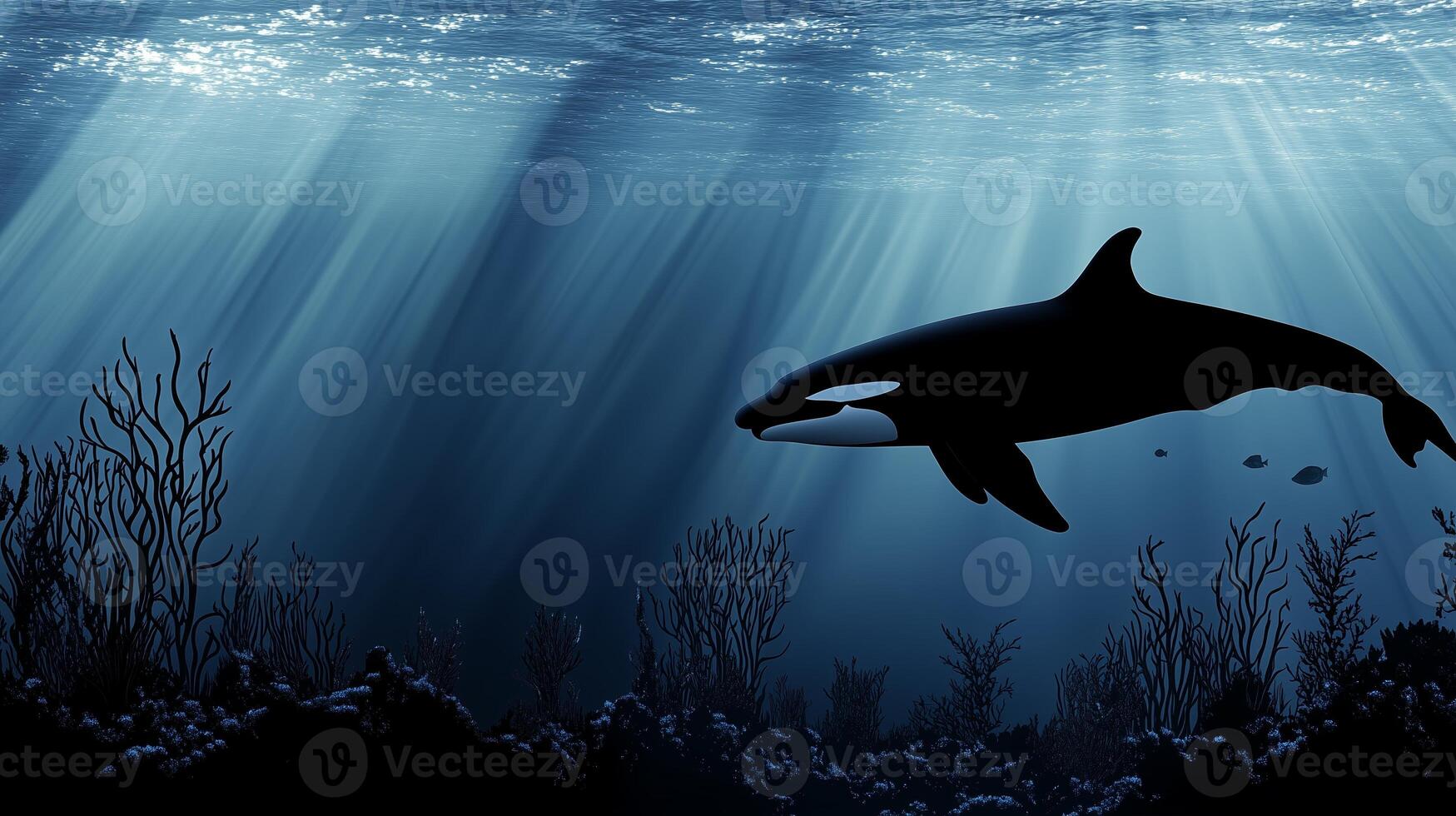A solitary orca glides gracefully through deep ocean waters, illuminated by sunlight filtering from the surface photo