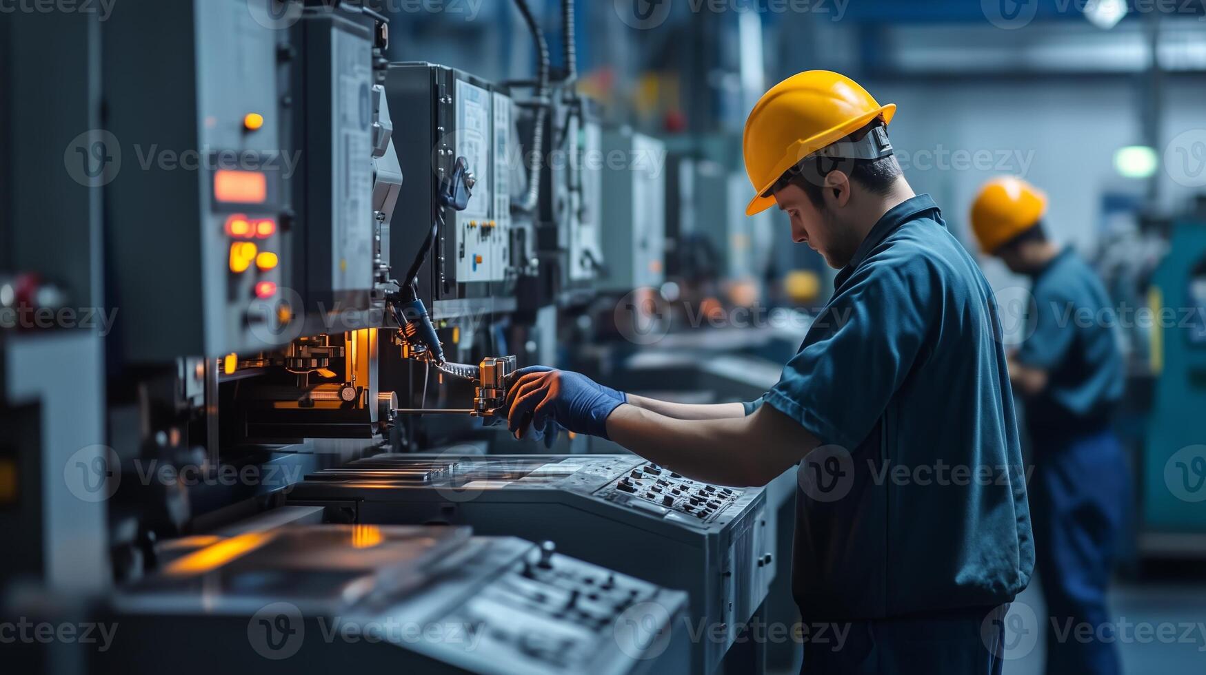 Workers operating machinery in a manufacturing facility during daytime hours with a focus on precision engineering tasks photo