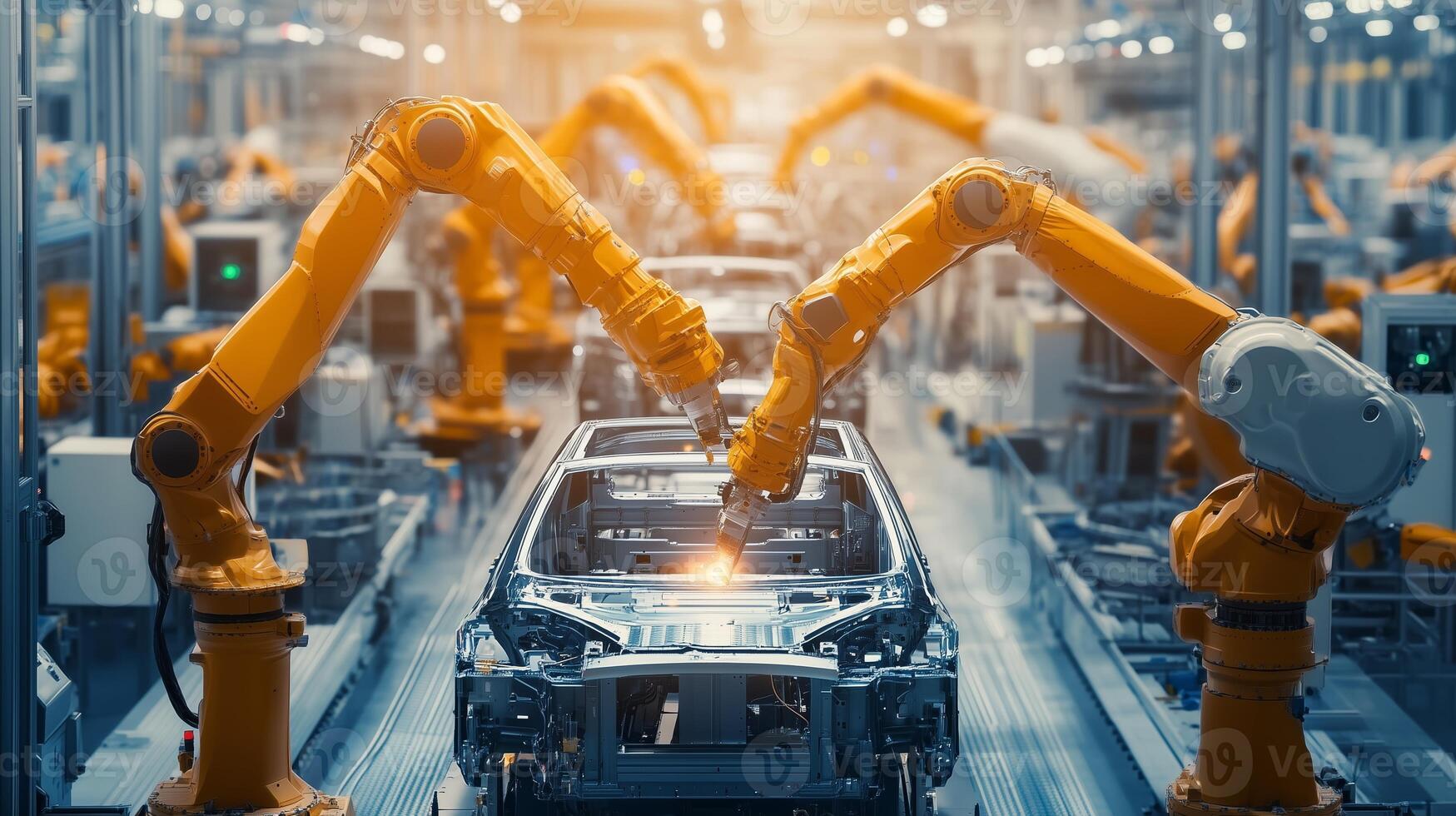 Automated robotic arms assembling vehicles in a modern car manufacturing facility during daytime operations photo