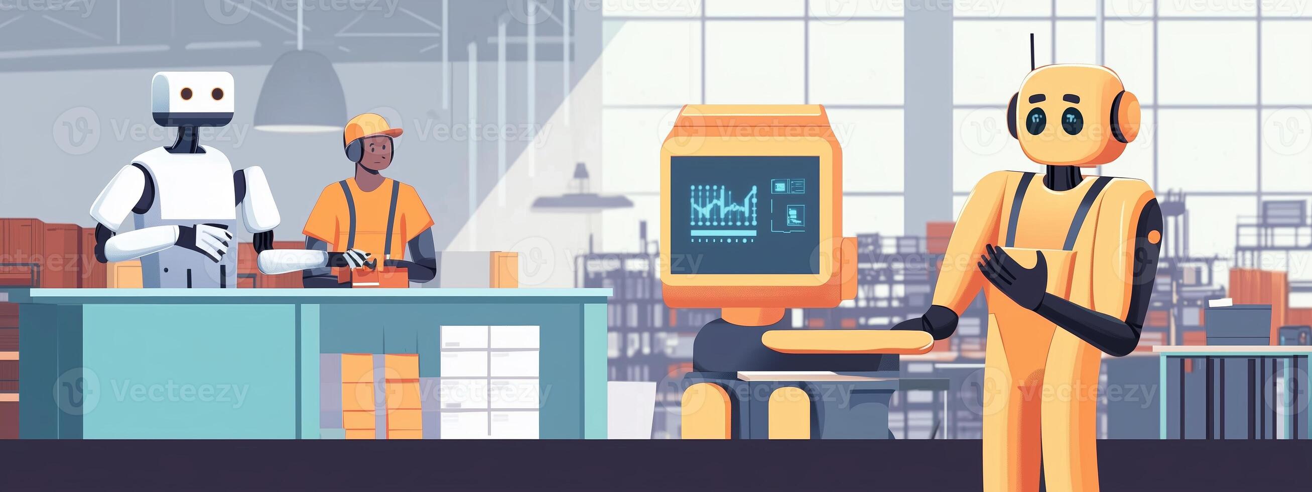 Robots assisting workers in a modern warehouse setting during daylight hours with advanced technology and collaborative tasks photo