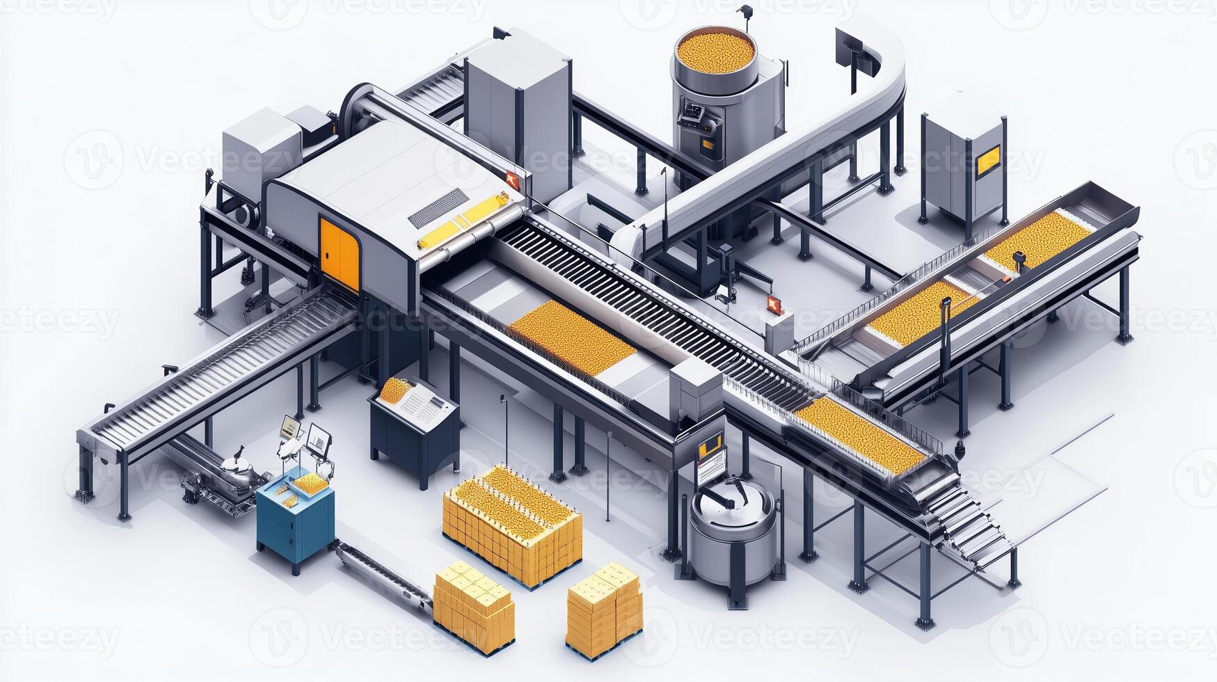 Automated food processing facility with conveyor belts and storage solutions during peak production hours photo
