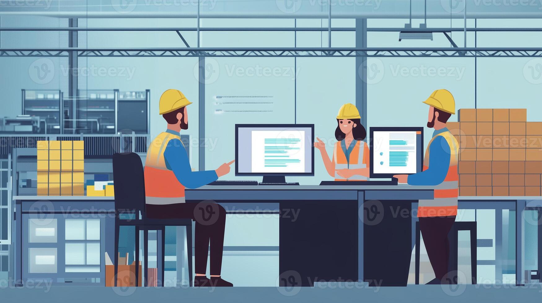 Three construction workers in safety gear collaborate at a workstation in a warehouse during a project meeting in a modern industrial setting photo