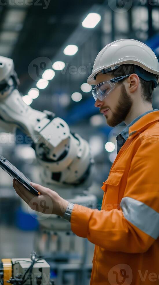 A technician monitors robotic systems in a modern manufacturing facility during daylight hours photo