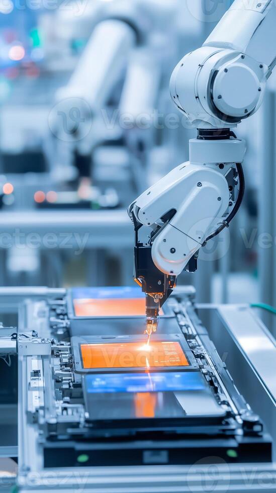 Robotic arm working on electronic device assembly in a modern manufacturing facility during daylight photo