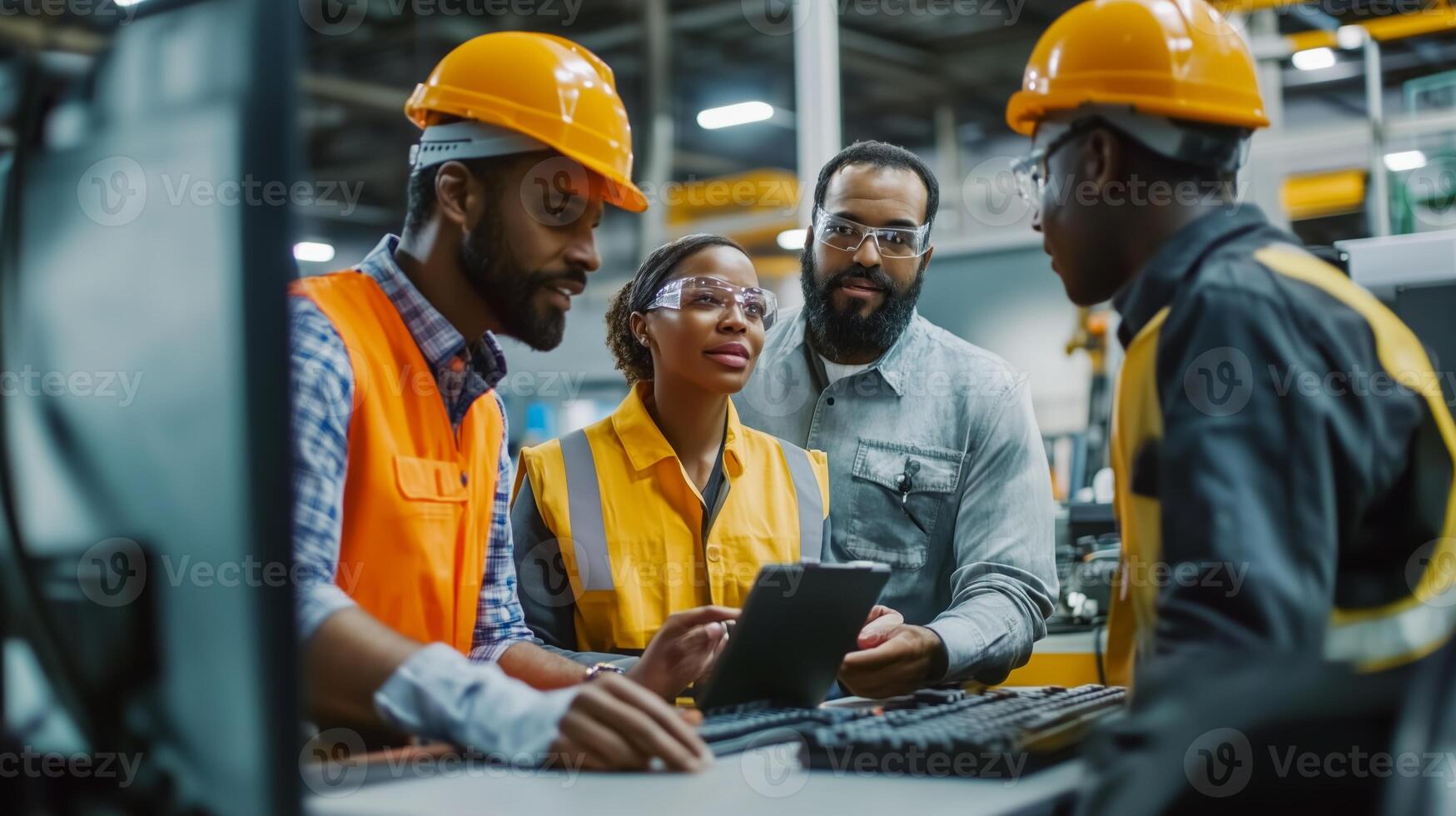 Team collaborates on a safety project in a warehouse setting during daylight hours photo